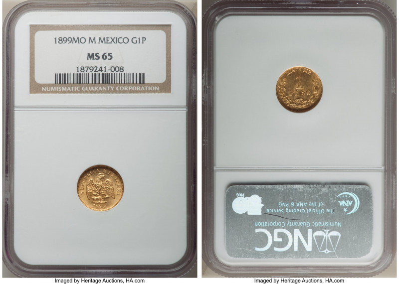 Republic gold Peso 1899 Mo-M MS65 NGC, Mexico City mint, KM410.5. A golden gem, ...