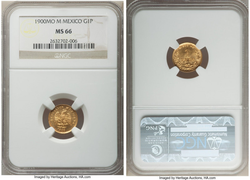 Republic gold Peso 1900 Mo-M MS66 NGC, Mexico City mint, KM410.5. Unusually choi...