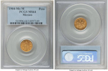 Republic gold Peso 1904 Mo-M MS64 PCGS, Mexico City mint, KM410.5. Mintage: 9,845. An essentially gem survivor abounding with luster and showing few m...