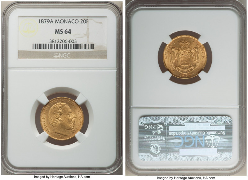 Charles III gold 20 Francs 1879-A MS64 NGC, Paris mint, KM98. Unusually high-gra...