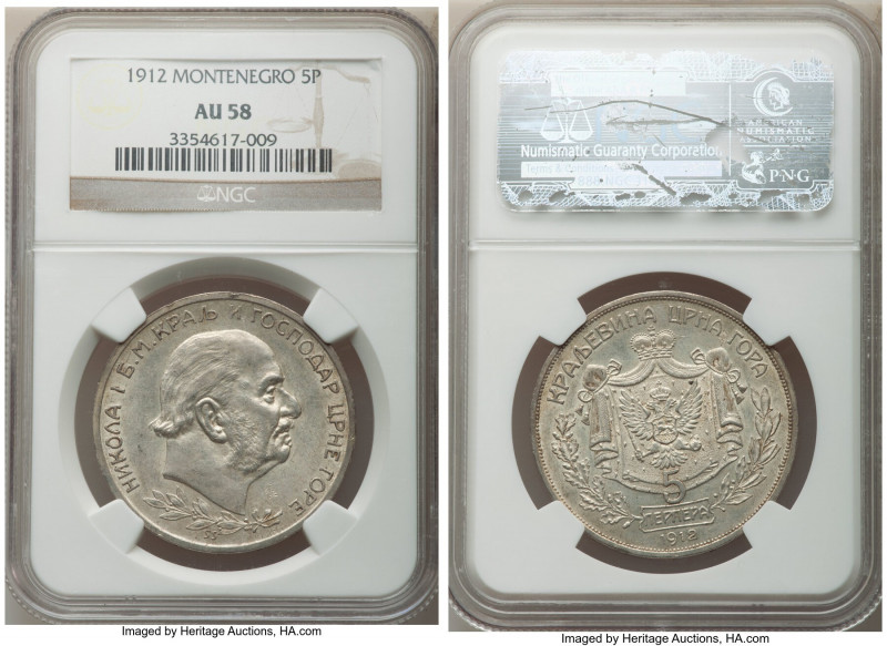 Nicholas I 5 Perpera 1912 AU58 NGC, Paris mint, KM15. Noticeably lustrous for th...