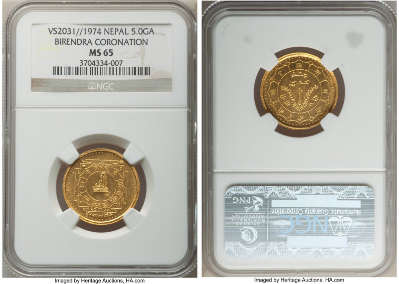 Shah Dynasty. Birendra Bir Bikram gold 5.0 Asarphi VS 2031 (1974) MS65 NGC, KM82...