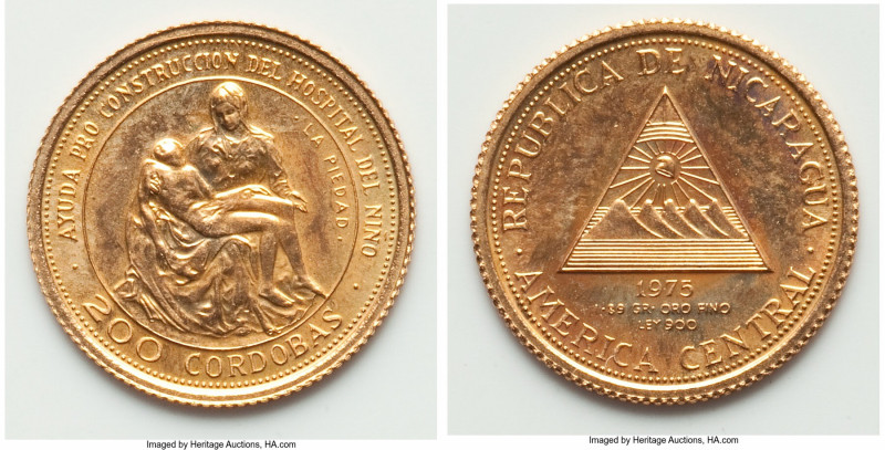 Republic Proof gold 200 Cordobas 1975, KM37. 14.9mm. 2.08gm. Mintage: 1,650. Pie...