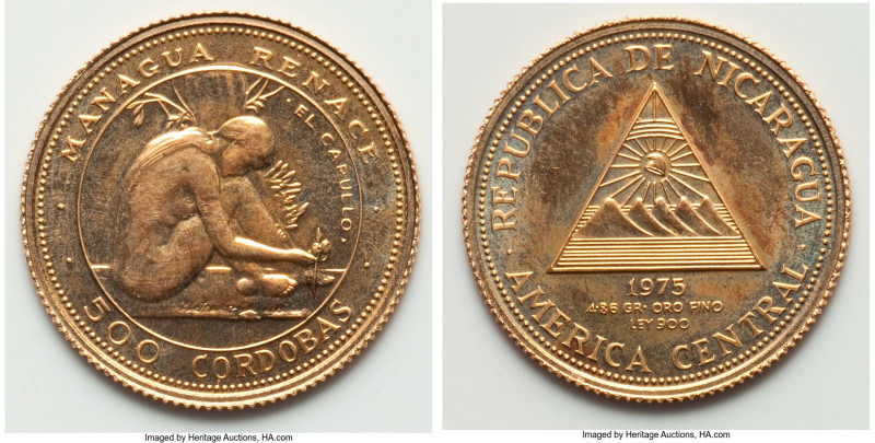 Republic gold Proof 500 Cordobas 1975, KM39. 2l.0mm. 5.40gm. Mintage: 1,120. Ear...