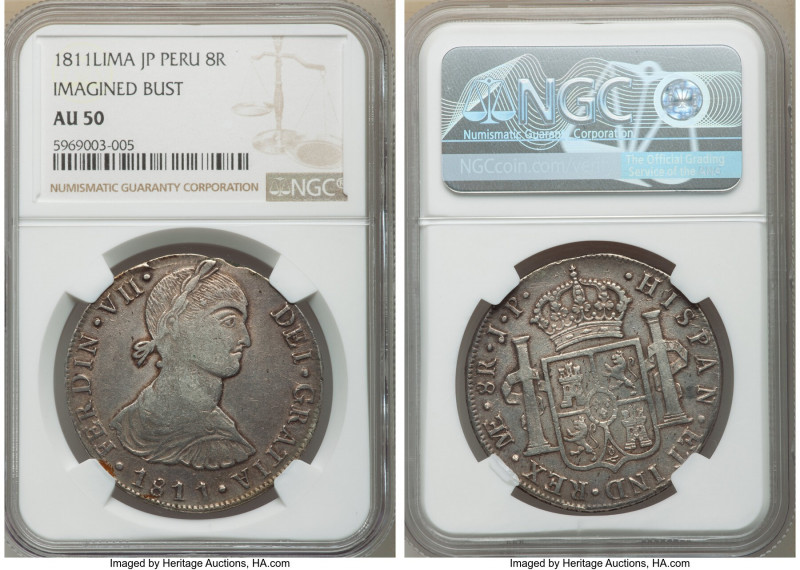 Ferdinand VII 8 Reales 1811 LM-JP AU50 NGC, Lima mint, KM106.2. Imagined bust. ...