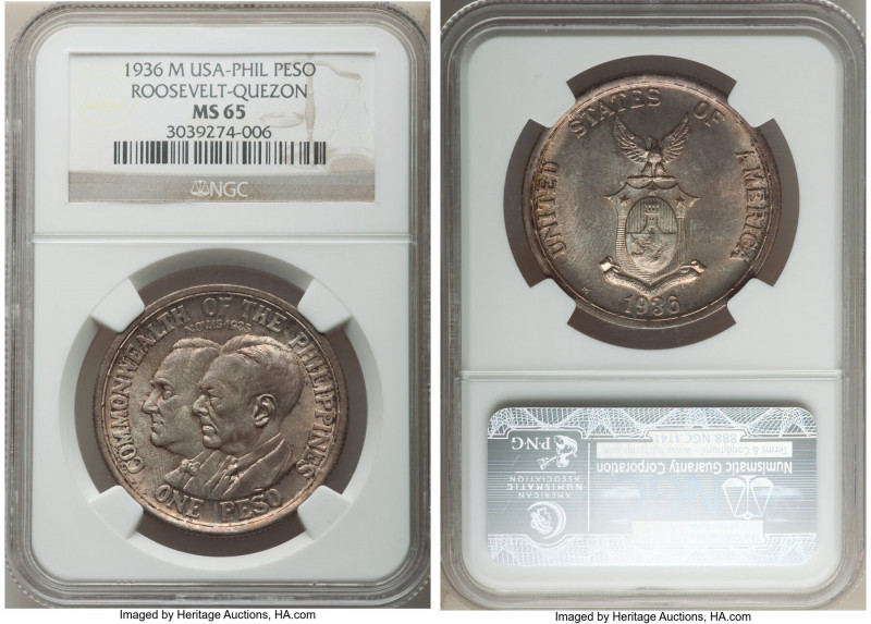 USA Administration "Roosevelt-Quezon" Peso 1936-M MS65 NGC, Manila mint, KM177. ...