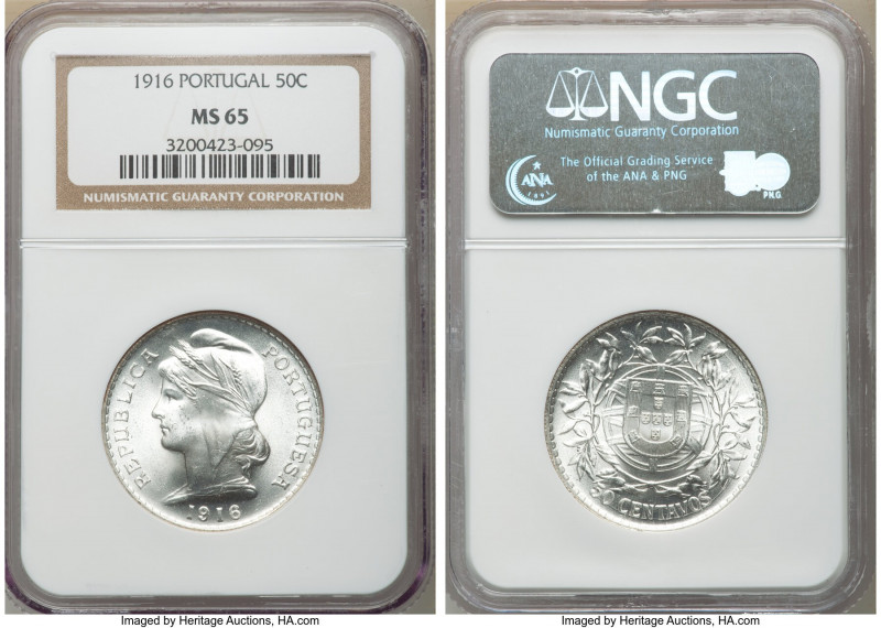 Republic Pair of Certified 50 Centavos 1916 MS65 NGC, KM561. White untoned with ...