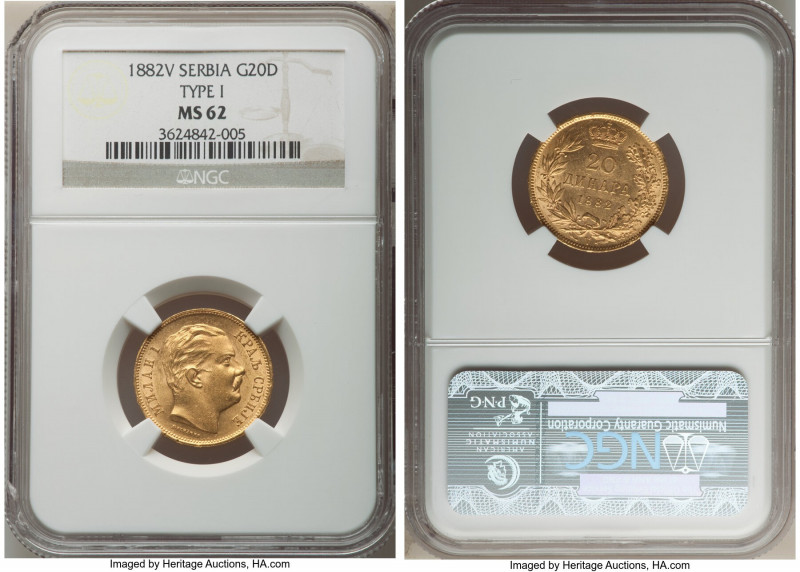 Milan I gold 20 Dinara 1882-V MS62 NGC, Vienna mint, KM17.1. Type I, with edge l...