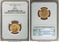 Milan I gold 20 Dinara 1882-V MS62 NGC, Vienna mint, KM17.1. Type I, with edge lettering reading: "God Protect Serbia." A well-struck example that exi...