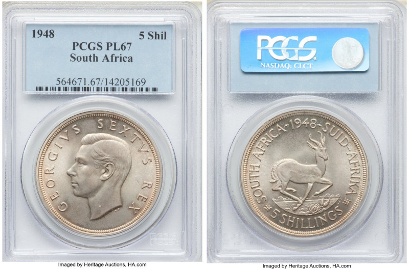 George VI Prooflike 5 Shillings 1948 PL67 PCGS, Pretoria mint, KM40.1. Pearl-gra...