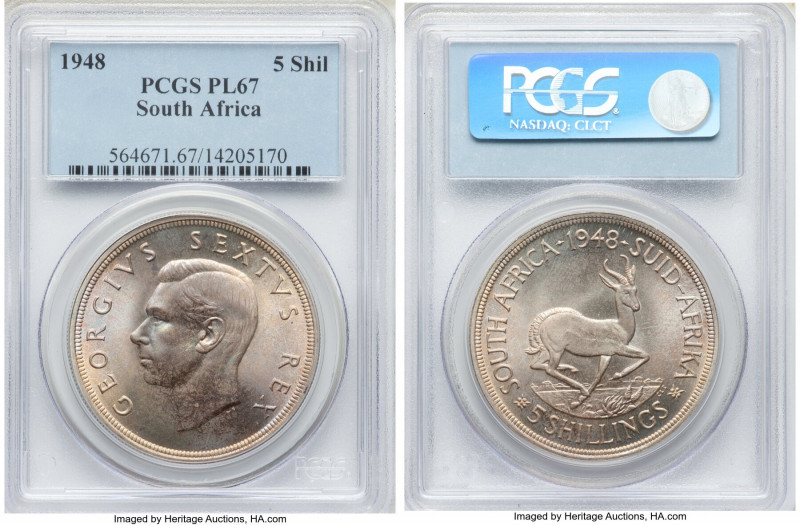 George VI Prooflike 5 Shillings 1948 PL67 PCGS, Pretoria mint, KM40.1. Peach and...