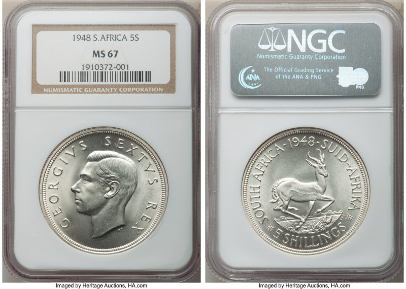 George VI 5 Shillings 1948 MS67 NGC, Pretoria mint, KM40.1. White untoned satin ...