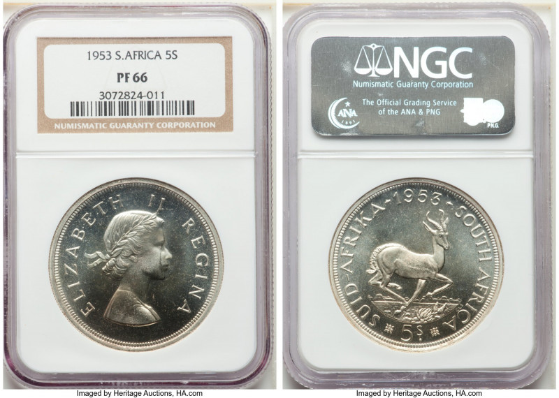 Elizabeth II Proof 5 Shillings 1953 PR66 NGC, Pretoria mint, KM52.

HID0980124...