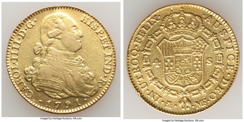 Charles IV gold 4 Escudos 1791 M-MF VF (Cleaned), Madrid mint, KM436.1, Fr-294. ...