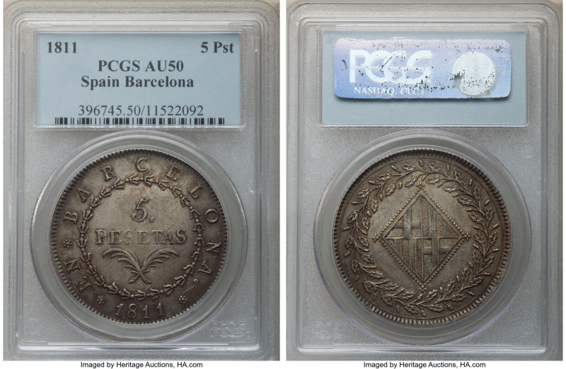Barcelona. Joseph Napoleon 5 Pesetas 1811 AU50 PCGS, KM69, Cay-14707. Possessing...