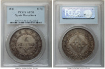 Barcelona. Joseph Napoleon 5 Pesetas 1811 AU50 PCGS, KM69, Cay-14707. Possessing an unusually attractive toning palette, with variegated shades of sil...