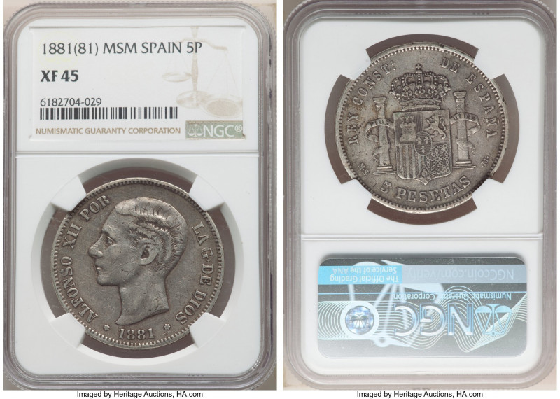 Alfonso XII 5 Pesetas 1881(81) MS-M XF45 NGC, Madrid mint, KM676.

HID09801242...