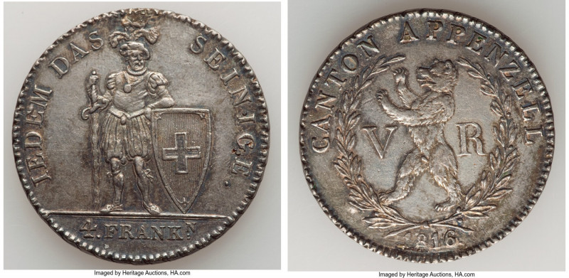 Appenzell. Canton 4 Franken 1816 XF (Mount Removed, Tooled), Bern mint, KM12, Da...