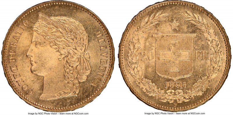 Confederation gold 20 Francs 1896-B MS65+ NGC, Bern mint, KM31.3. AGW 0.1867 oz....