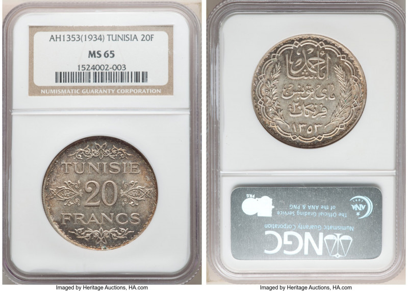 French Protectorate. Ahmad Pasha Bey 20 Francs AH 1353 (1934) MS65 NGC, Paris mi...