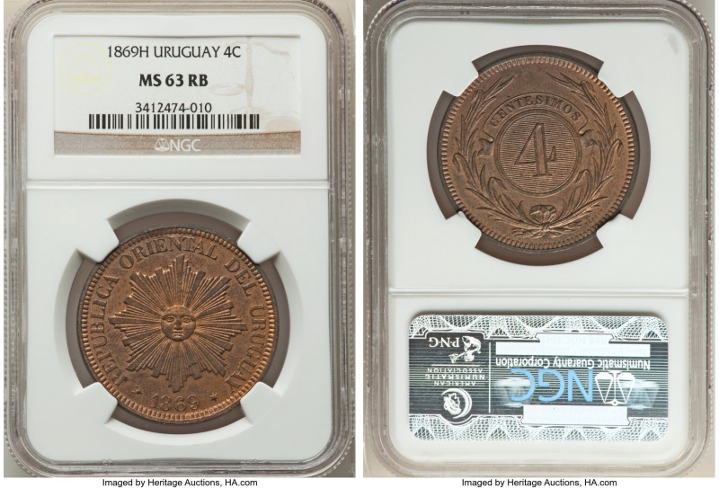 Republic 4 Centesimos 1869-H MS63 Red and Brown NGC, Heaton mint, KM13. One-year...