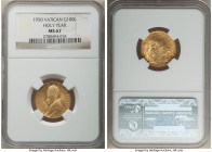 Pius XII gold 100 Lire MCML (1950) MS67 NGC, Rome mint, KM48. Opening of the Holy Year door issue. An issue which seldom comes finer, as verified by t...