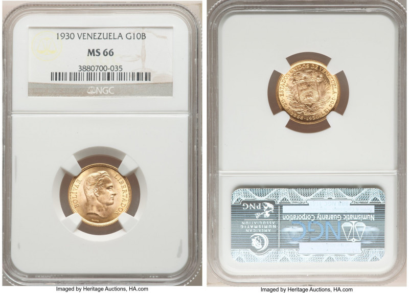 Republic gold 10 Bolivares 1930-(p) MS66 NGC, Philadelphia mint, KM-Y31. AGW 0.0...