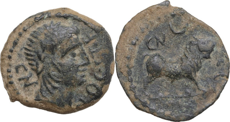 Hispania. Castulo. AE Semis, 2nd century BC. Obv. Laureate head right. Rev. Bull...