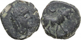 Hispania. Castulo. AE Half Unit-Semis, early 1st century BC. Obv. Diademed male head right. Rev. Bull standing right, head facing; crescent above. SNG...