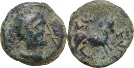 Hispania. Castulo. AE Half Unit-Semis, early 1st century BC. Obv. Diademed male head right. Rev. Bull standing right, head facing; L and crescent abov...