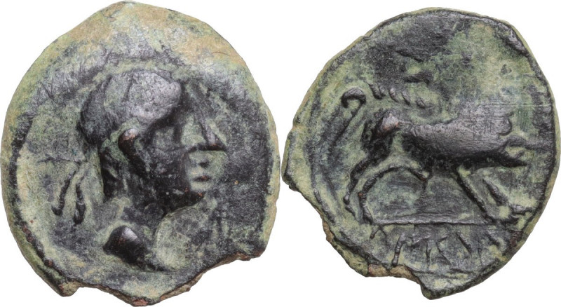 Hispania. Castulo. AE Quadrans, c. 180 BC. Obv. Head right with diadem. Rev. Boa...