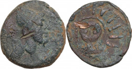 Hispania. Malaka. AE As, c. 200-20 BC. Obv. Head of Hephaistos right, wearing conical hat. Rev. Frontal bust with crown of rays. SNG BN Spain 385-90; ...