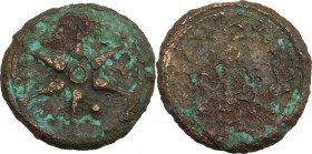 Etruria. Etruria, Inland Etruria. AE Struck Uncia, 3rd century BC, uncertain mint. Obv. Wheel with six spokes; in field, pellet. Rev. Anchor; in field...