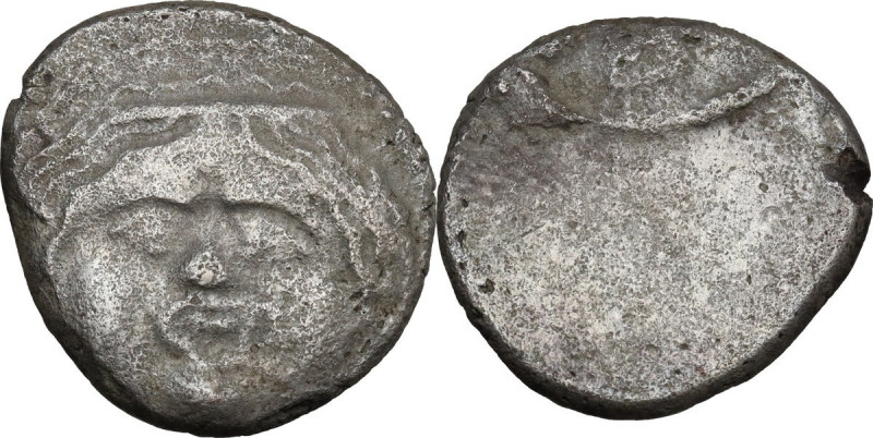 Etruria. Etruria, Populonia. AR 20-Asses, 3rd century BC. Obv. Facing head of Me...