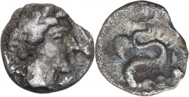 Greek Italy. Central and Southern Campania, Allifae. AR Obol, c. 325-275 BC. Obv. Laureate head of Apollo right; around, three dolphins. Rev. Scylla r...