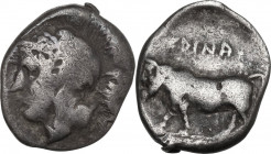 Greek Italy. Central and Southern Campania, Hyrietes. AR Didrachm, c. 405-385 BC. Obv. Helmeted head of Athena left. Rev. Man-headed bull standing lef...