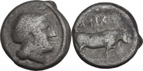 Greek Italy. Central and Southern Campania, Hyrietes. AR Didrachm, c. 405-385 BC. Obv. Helmeted head of Athena right. Rev. Man-headed bull standing ri...