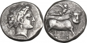 Greek Italy. Central and Southern Campania, Neapolis. AR Didrachm, c. 320-300 BC. Obv. Head of nymph right; pileos behind head. Rev. Man-headed bull s...