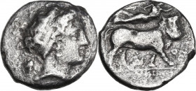 Greek Italy. Central and Southern Campania, Neapolis. AR Didrachm, c. 326-317/310 BC. Obv. Head of nymph right; grape bunch behind. Rev. Man-headed bu...