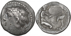 Greek Italy. Central and Southern Campania, Neapolis. AR Obol 10 mm. 320-300 BC. Obv. Laureate male head, left. Rev. Herakles and Nemean lion. HN Ital...