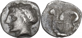 Greek Italy. Central and Southern Campania, Neapolis. AR Obol 10 mm. 320-300 BC. Obv. Laureate male head, left. Rev. Herakles and Namean lion. HN Ital...