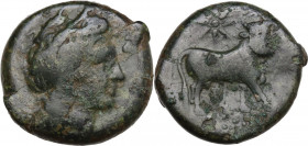 Greek Italy. Central and Southern Campania, Neapolis. AE 19 mm. c. 320-300 BC. Obv. Apollo head, right. Rev. Man-headed bull, right; star above. HN It...