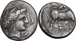 Greek Italy. Central and Southern Campania, Neapolis. AR Didrachm, c. 300 BC. Obv. Female head, right. Rev. Man-headed bull, right. HN Italy 576 (Diff...