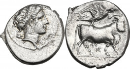 Greek Italy. Central and Southern Campania, Neapolis. AR Didrachm, c. 300 BC. Obv. Head of nymph right; astragalos and monogram flanking neck. Rev. Ma...