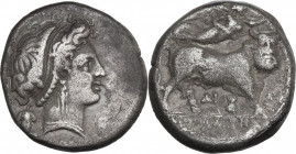 Greek Italy. Central and Southern Campania, Neapolis. AR Didrachm, c. 320-300 BC. Obv. Nymph head, right; grape branch behind. Rev. Man-headed bull; Δ...