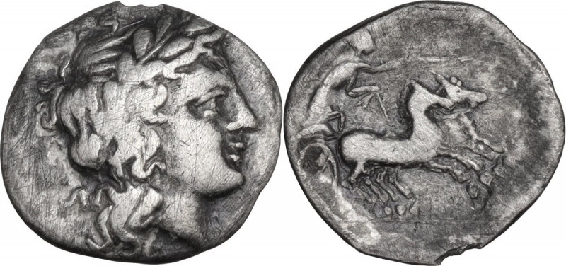 Greek Italy. Central and Southern Campania, Neapolis. AR Triobol 14 mm. c. 300-2...