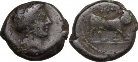 Greek Italy. Central and Southern Campania, Neapolis. AE 19 mm. c. 300-275 BC. Obv. Laureate head Apollo, right. Rev. Man-headed bull right, uncertain...