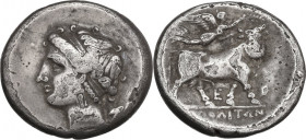 Greek Italy. Central and Southern Campania, Neapolis. AR Didrachm, c. 275-250 BC. Obv. Head of female left, uncertain symbol. Rev. Man-headed bull, ri...