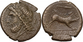 Greek Italy. Northern Apulia, Arpi. AE 21, c. 325-275 BC. Obv. Laureate head of Zeus left; behind, thunderbolt. Rev. Boar charging right; above, spear...