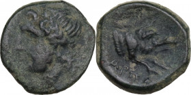 Greek Italy. Northern Apulia, Arpi. AE 15 mm, c. 325-275 BC. Obv. Laureate head of Zeus left; thunderbolt behind. Rev. Forepart of boar right, spear a...